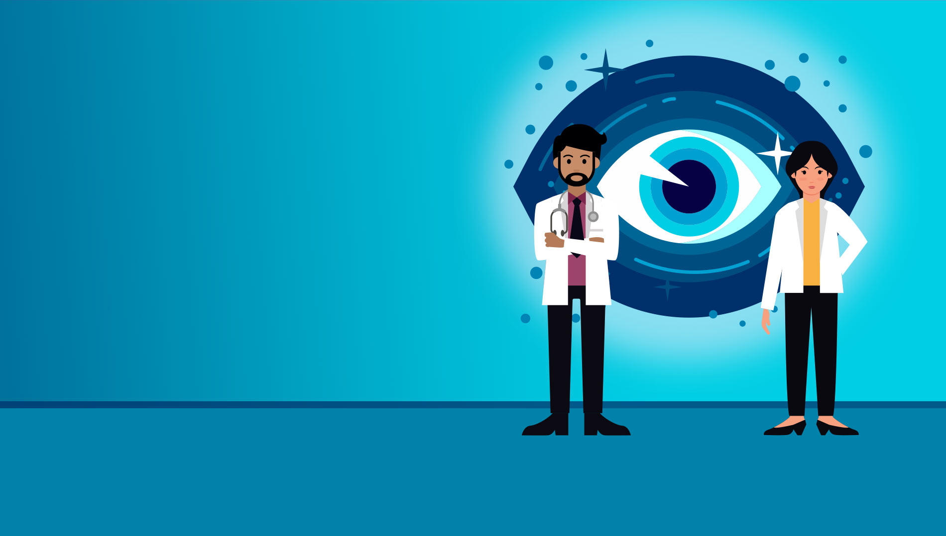 Two people standing in front of an eye with a blue background, emphasizing eye health.